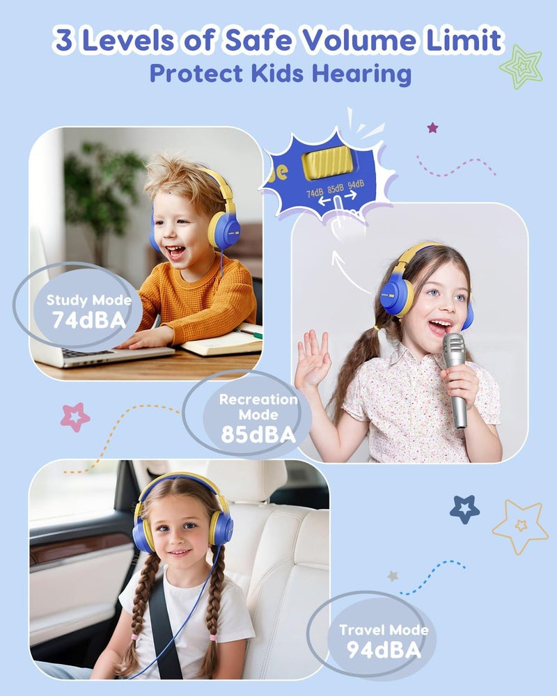 awatrue Kids Headphones, 74/85/94dB Volume Limiter, Foldable Wired Over Ear Headphones for Travel, 3.5mm Jack, Toddler Headphones for School, Chromebook, iPad, Tablet, Blue Yellow - Image 2